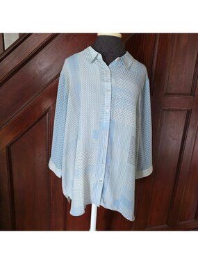 Rose + Olive Womens Blue & White Patchwork Button-Up Shirt 3/4 Sleeves Size 2X